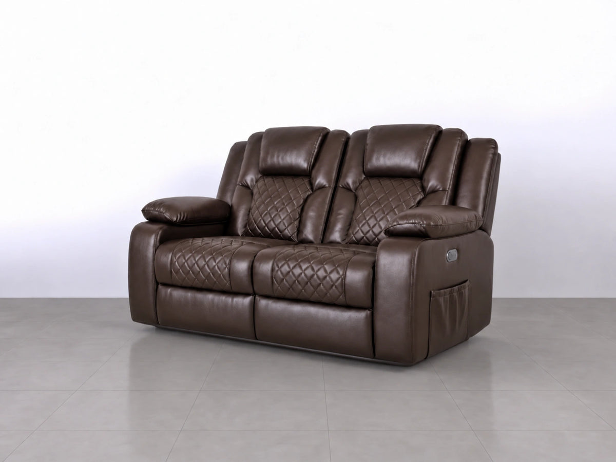 Brown Model O electric recliner sofa, 2-seater with plush cushions and modern design from Gamzo Outlet, perfect for comfortable living rooms.
