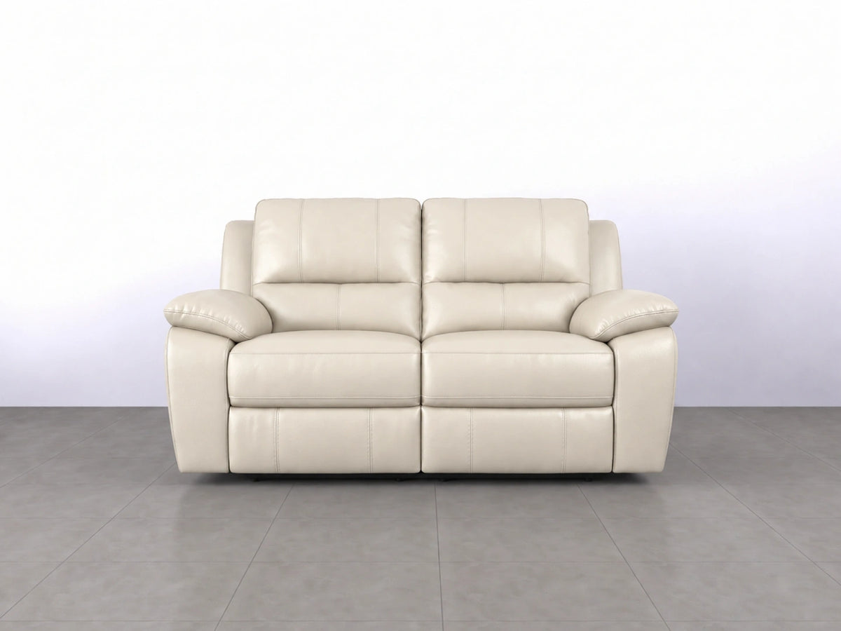 Cream Model R recliner sofa with two seats and plush cushioning, designed for comfortable lounging in a modern living room.