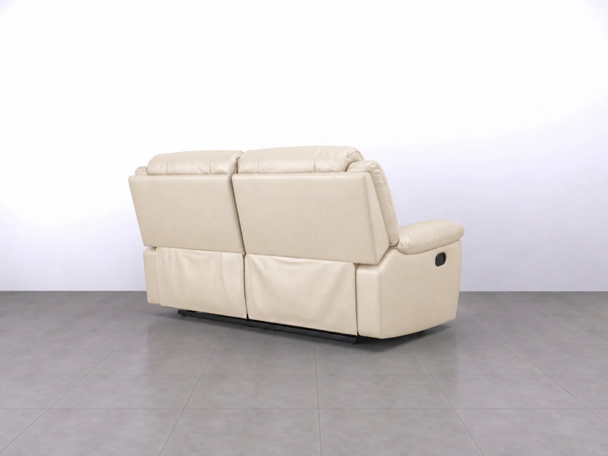Cream Model R recliner sofa with plush cushions and armrests, designed for comfortable seating in a modern living room.