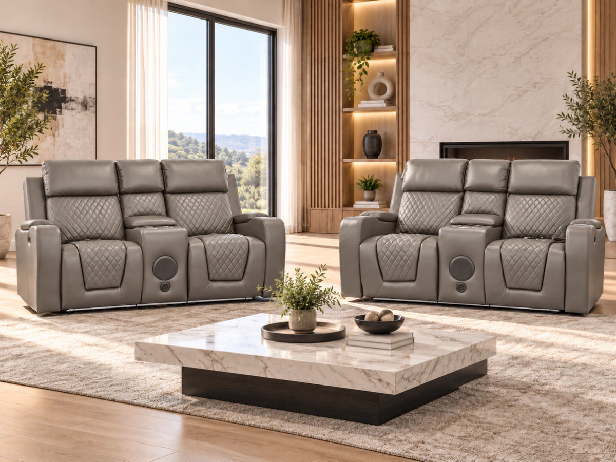 Grey Model B electric recliner sofa by Gamzo Outlet, showing a comfortable 2-seater with plush cushions and modern design.
