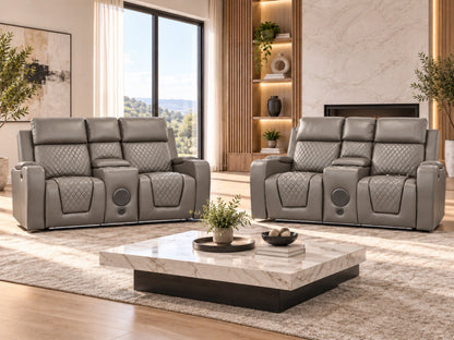 Grey Model B electric recliner sofa by Gamzo Outlet, showing a comfortable 2-seater with plush cushions and modern design.