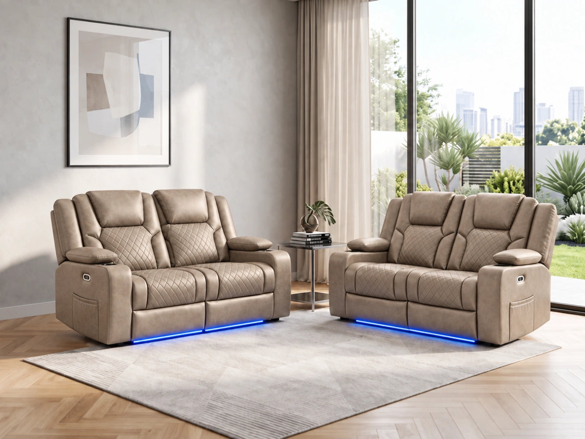 Mocha two-seater Model O electric recliner sofa by Gamzo Outlet, featuring plush cushions and modern design.
