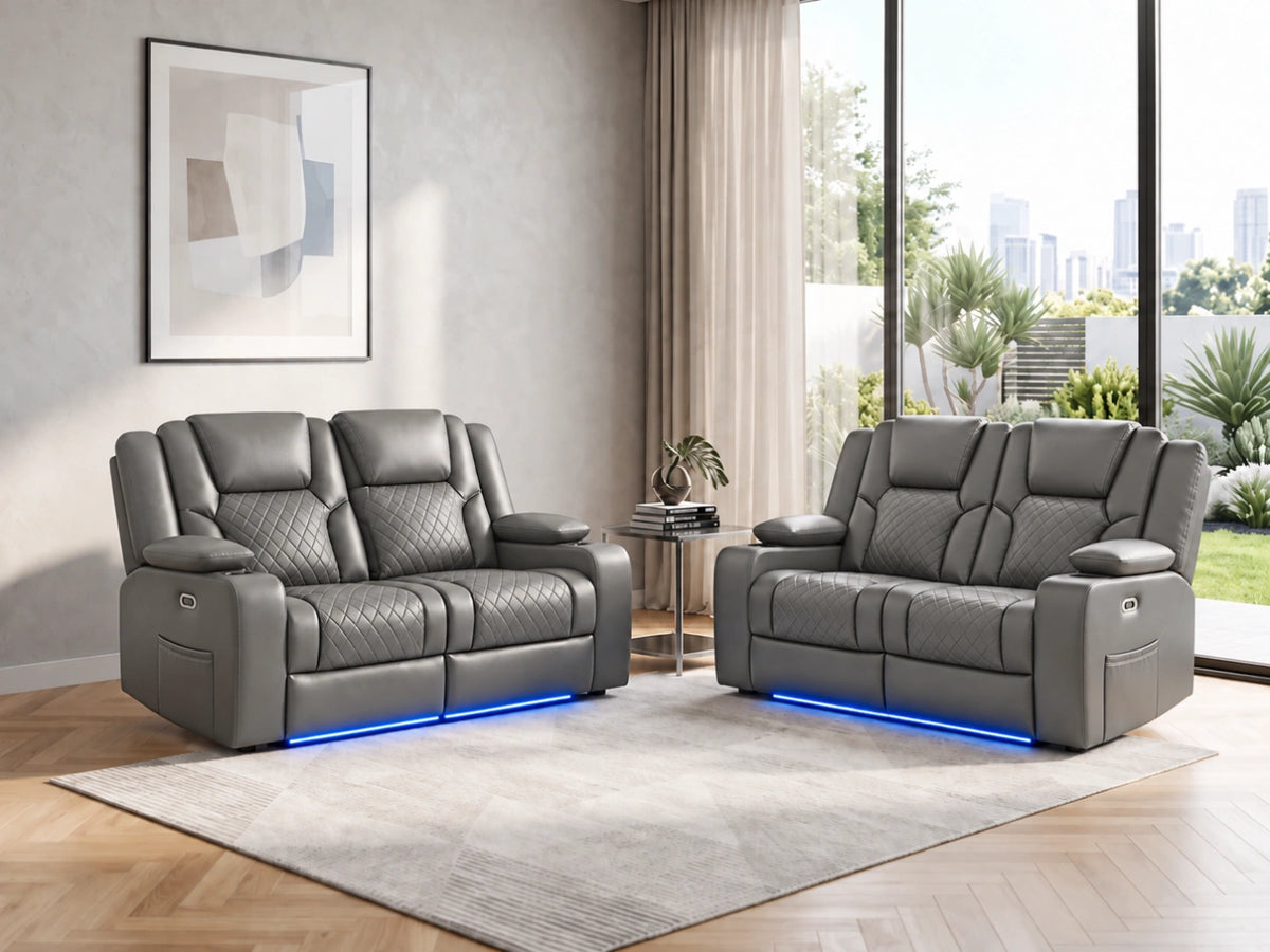 Grey Model O electric recliner sofa by Gamzo Outlet, showing a modern 2-seater sofa with recliner features and plush cushions.