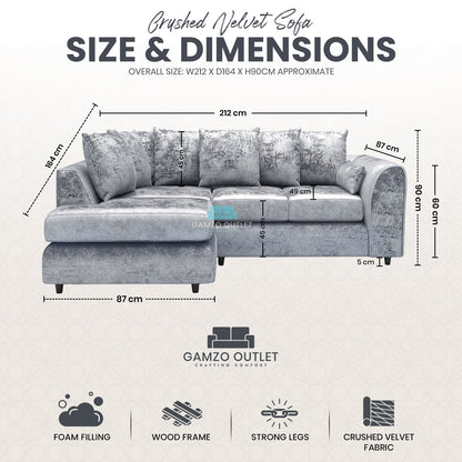 Crushed Velvet Scatter Back L Shape Sofa