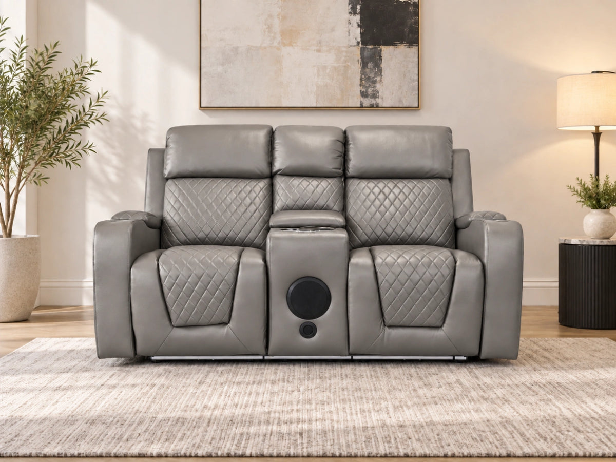 Grey Model B electric recliner sofa from Gamzo Outlet, showing a modern 2-seater sofa with reclining features and plush cushions.