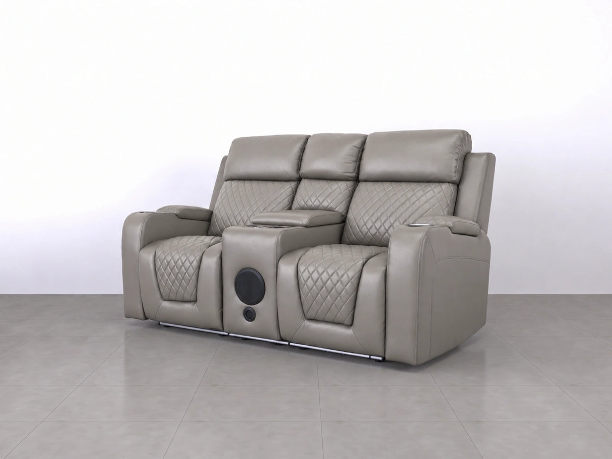 Gamzo Outlet Model B electric recliner sofa, 2-seater grey fabric sofa with reclining features and modern design.