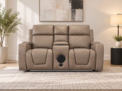 Gamzo Outlet Model B electric recliner sofa, two-seater mocha fabric sofa with adjustable recline and plush cushioning.