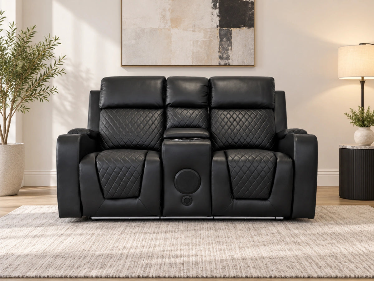 Black Model B electric 2-seater recliner sofa by Gamzo Outlet with plush cushions and modern design.
