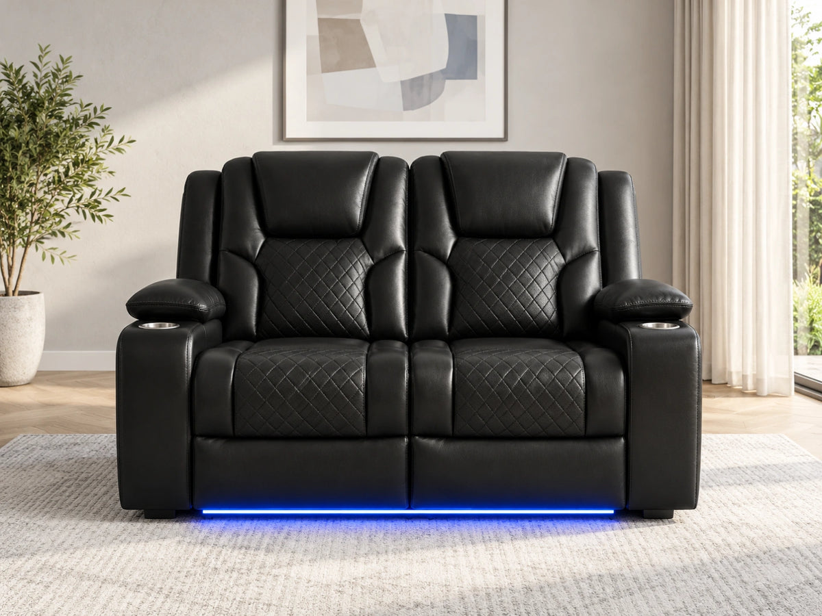 Black Model O electric recliner sofa by Gamzo Outlet, two-seater with plush cushions and sleek modern design.