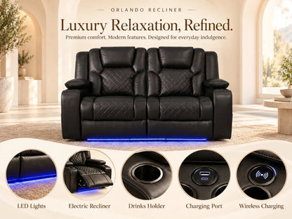 Black two-seater Model O electric recliner sofa by Gamzo Outlet, showing plush cushions and modern design.