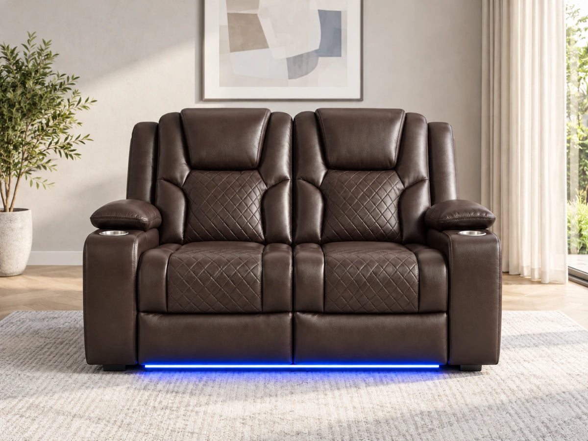 Brown two-seater Model O electric recliner sofa by Gamzo Outlet, featuring plush upholstery and modern design for comfortable seating.