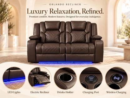 Brown Model O electric recliner sofa from Gamzo Outlet showing a comfortable two-seater with plush upholstery and reclining features.