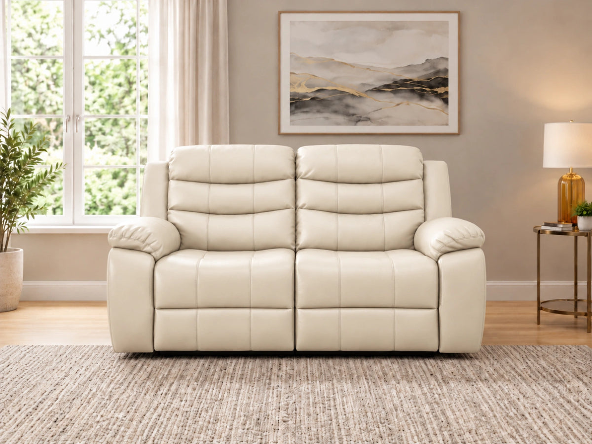 Cream-colored Model R 2 Seater Recliner Sofa by Gamzo Outlet, showing plush cushions and reclining features.