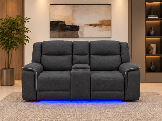 Grey Model H Electric 2 Seater Recliner Sofa by Gamzo Outlet, showing plush cushions and reclining features.