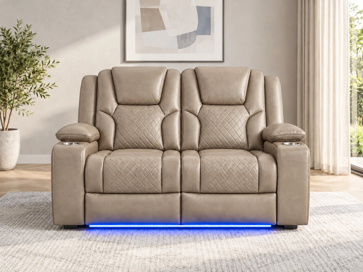 Two-seater mocha Model O electric recliner sofa by Gamzo Outlet, featuring plush upholstery and reclining seats.