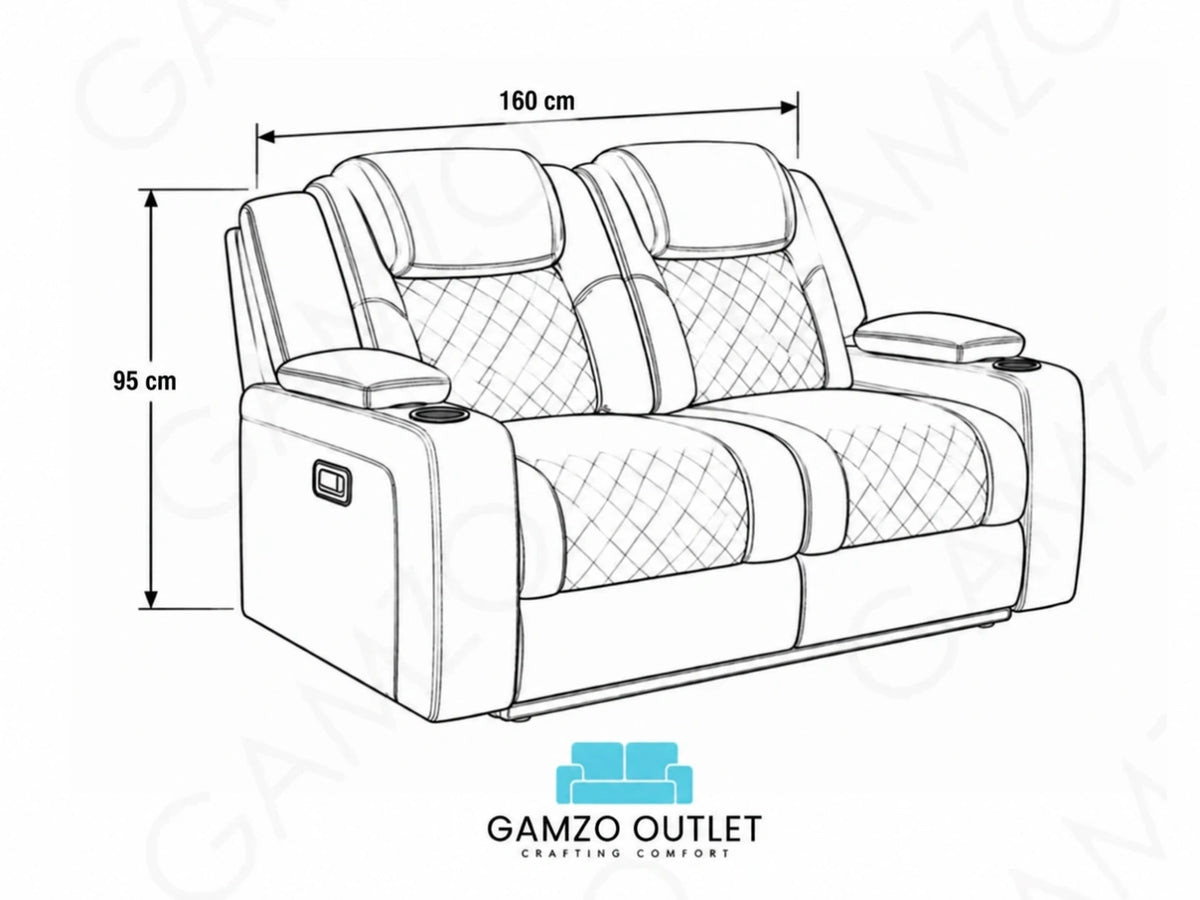 Two-seater mocha Model O electric recliner sofa by Gamzo Outlet, featuring soft fabric upholstery and reclining functionality.