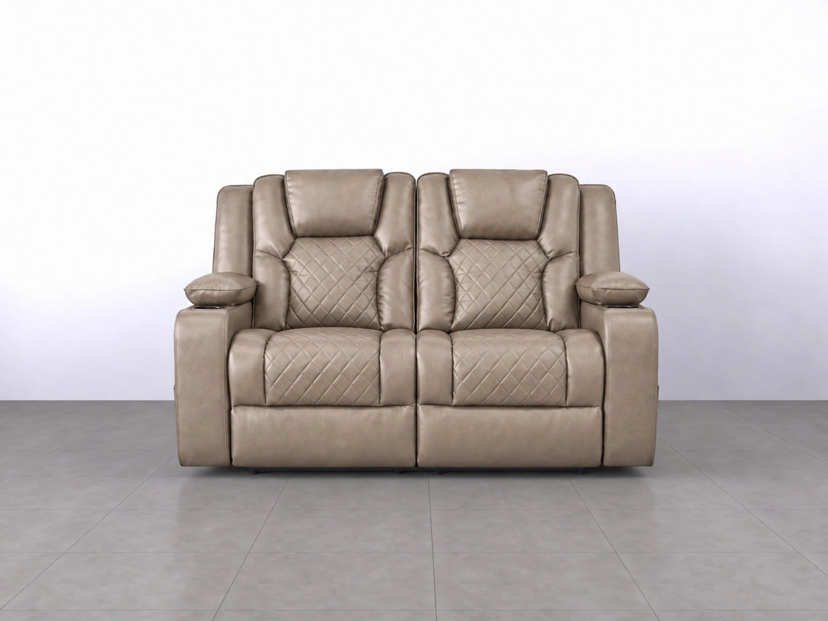 Gamzo Outlet Model O electric recliner sofa, 2-seater mocha fabric sofa with reclining features and plush cushions.