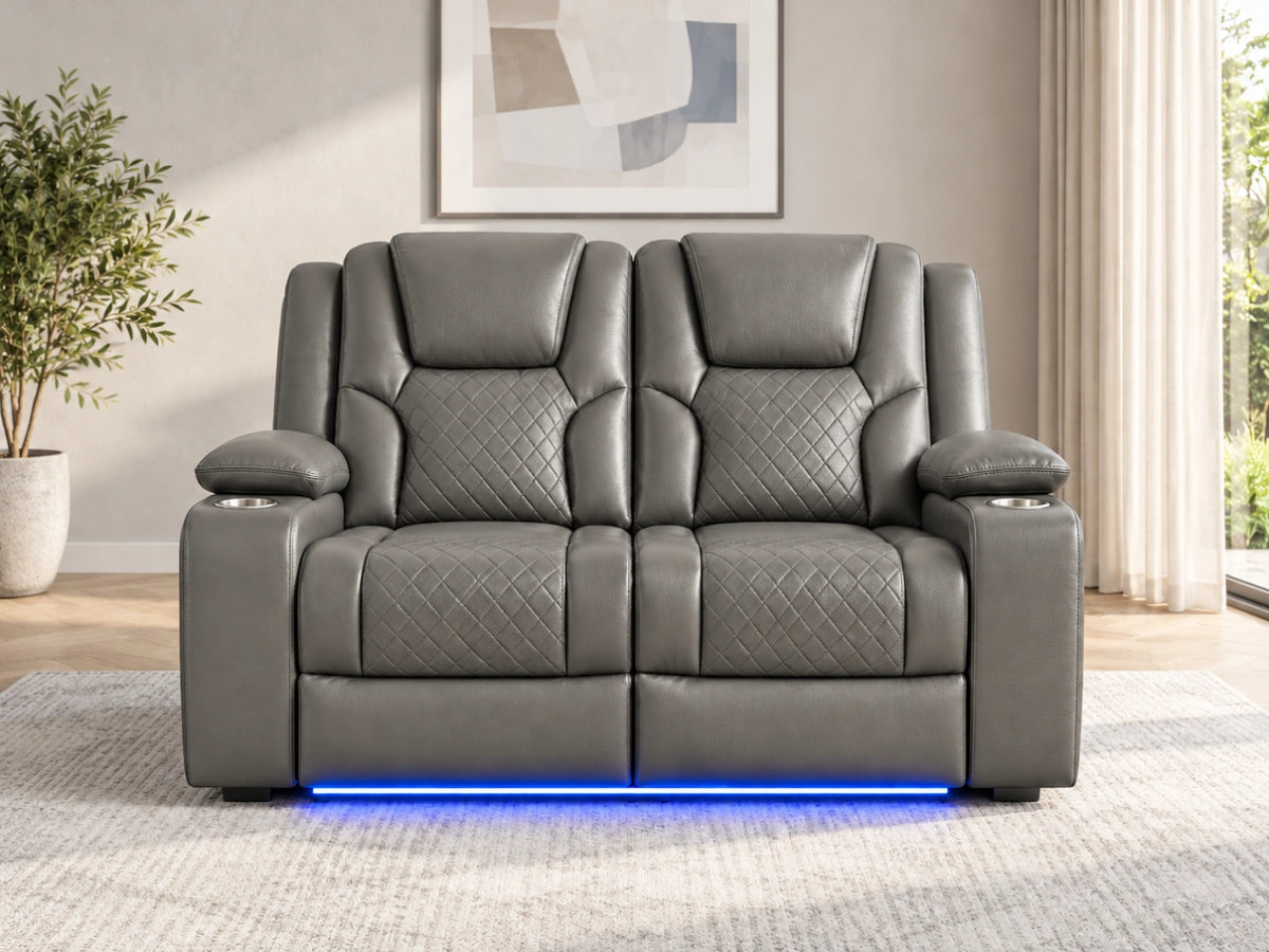 Grey Model O electric recliner sofa by Gamzo Outlet, two-seater with plush cushions and modern design.