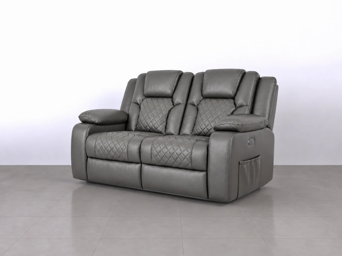 Grey two-seater Model O electric recliner sofa by Gamzo Outlet, showing plush cushions and modern design.