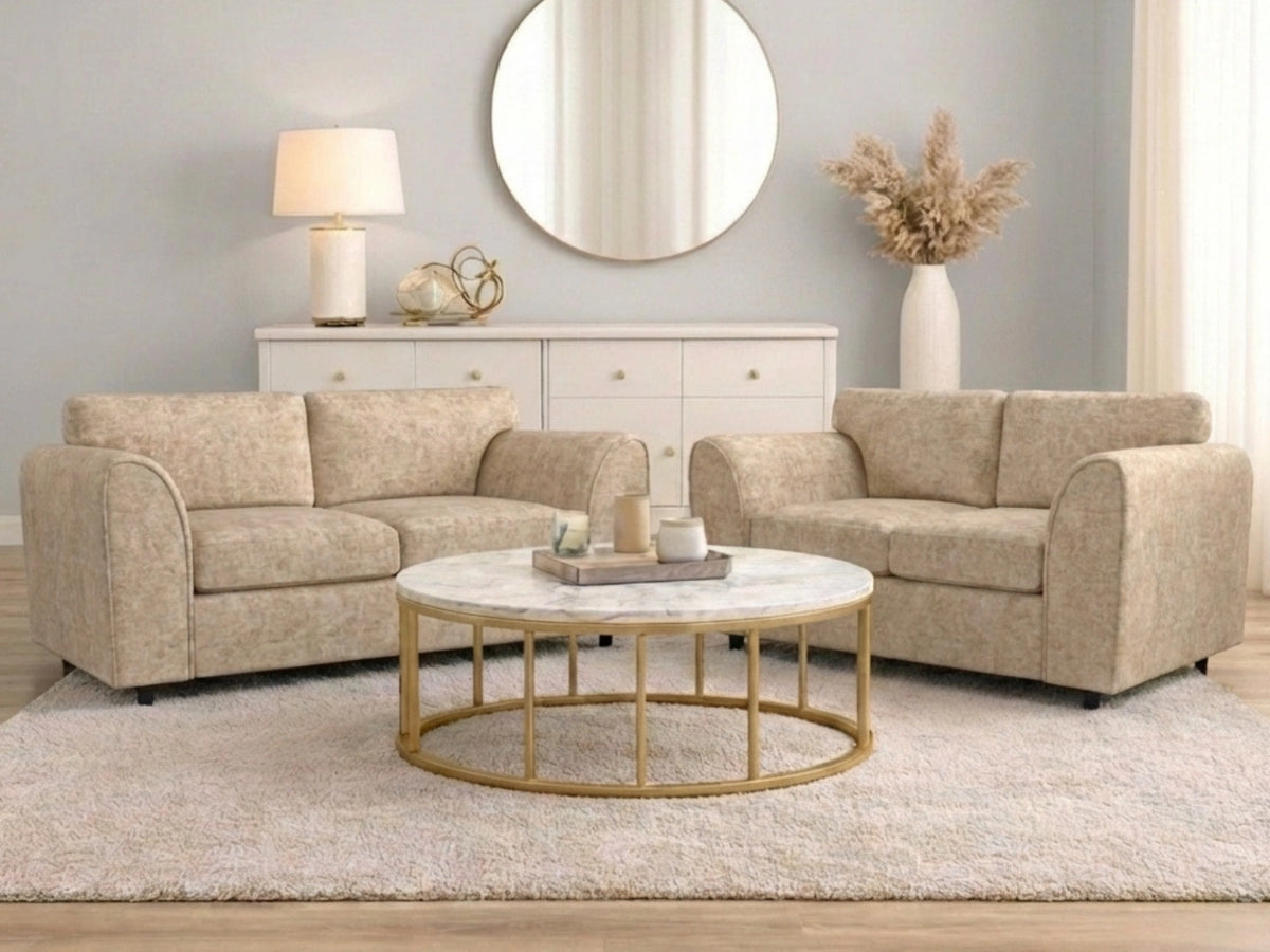 Beige Gamzo Outlet Alaska Fabric full back 3-seater sofa set with plush cushions and wooden legs in a modern living room setting.