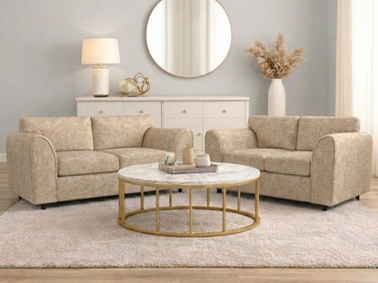Beige Gamzo Outlet Alaska Fabric full back 3-seater sofa set with plush cushions and wooden legs in a modern living room setting.