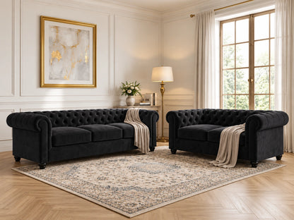 Black Chesterfield plush velvet fabric sofa set, 3-seater with tufted design and elegant rolled arms by Gamzo Outlet.