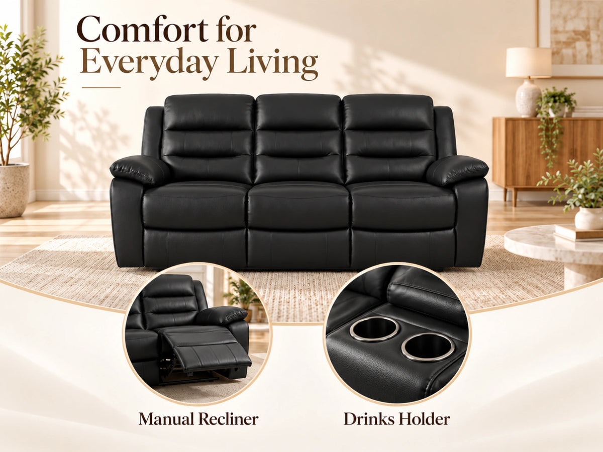 Black Model R Recliner 3-Seater Sofa by Gamzo Outlet, showing plush cushions and wide armrests in a modern living room setting.