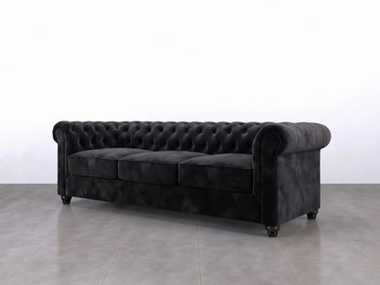 Black Chesterfield plush velvet fabric 3-seater sofa from Gamzo Outlet, featuring classic tufted design and elegant armrests.