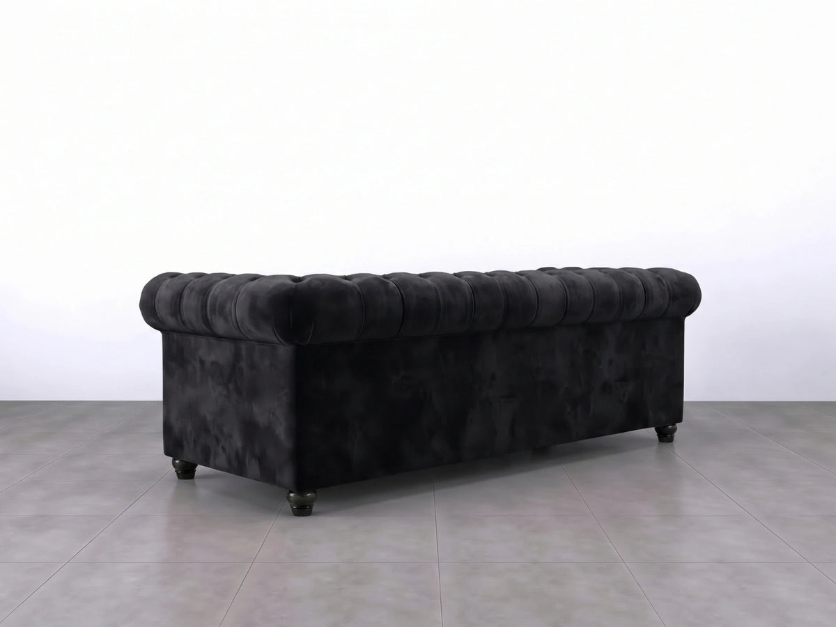 Black Chesterfield plush velvet fabric sofa set featuring a three-seater with button-tufted back and rolled arms by Gamzo Outlet