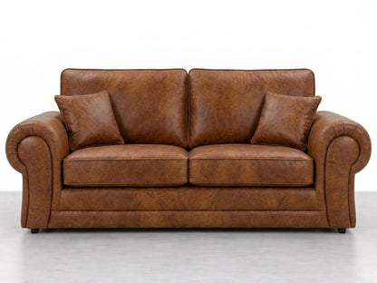 Brown Wilcot full back leather sofa set by Gamzo Outlet, featuring a comfortable 3-seater sofa with plush cushions and sleek design.