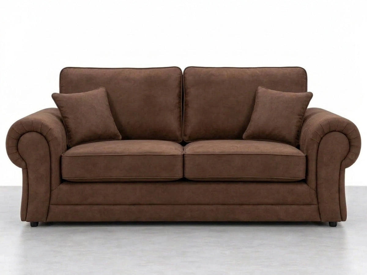 Chocolate brown leather 3-seater sofa from Gamzo Outlet's Wilcot full back leather sofa set, showing plush cushions and sleek design.