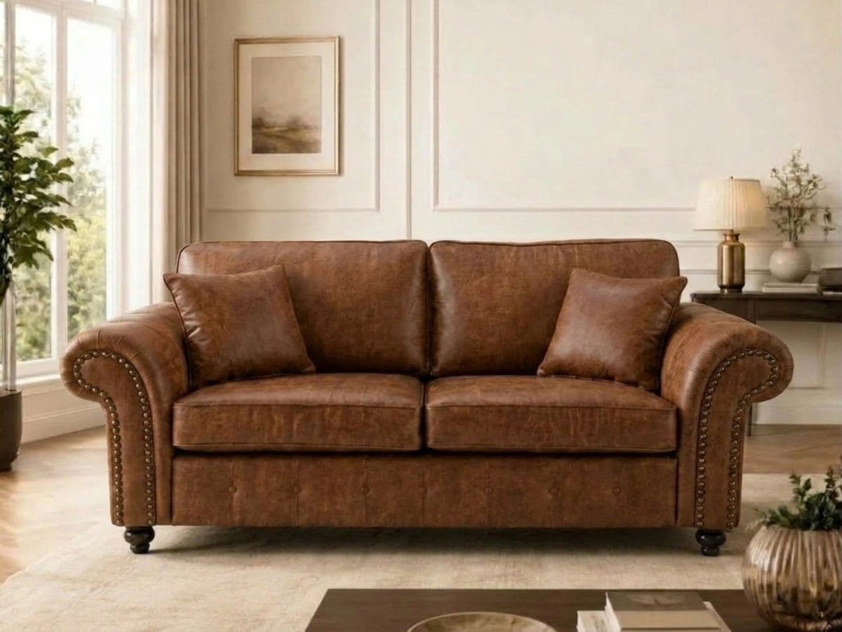 Gamzo Outlet Oakland 3-seater leather sofa in rich chocolate brown with full back design, showcasing plush cushions and sleek upholstery.