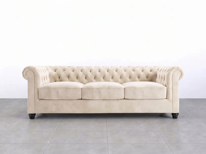 Cream plush velvet Chesterfield sofa set with rolled arms and tufted cushions, featuring a classic 3-seater design.