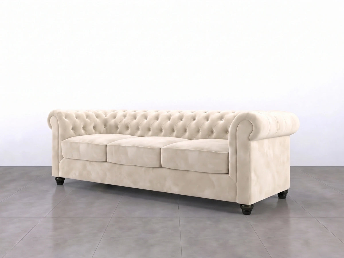 Cream plush velvet fabric sofa set with a 3-seater design from Gamzo Outlet, featuring elegant cushioning and classic style.