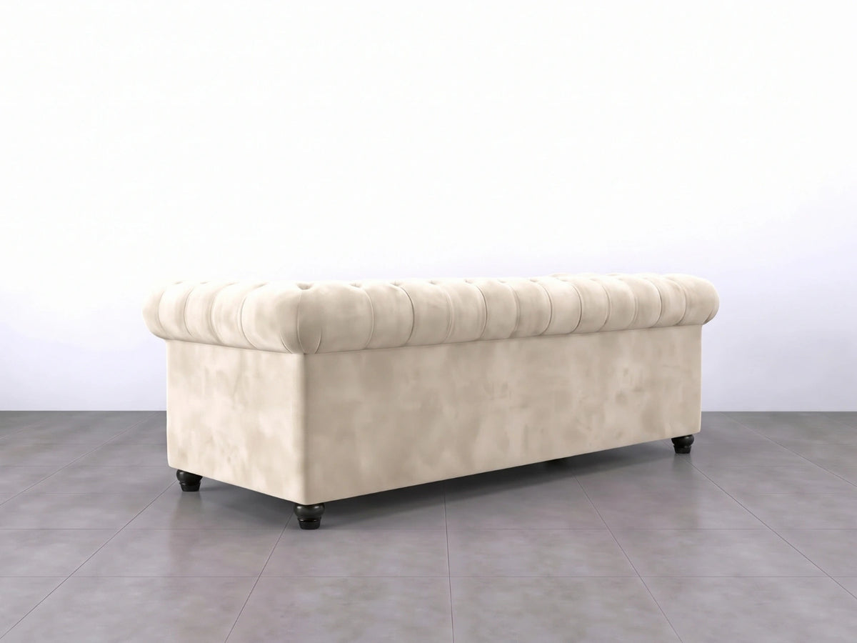 Cream plush velvet fabric 3-seater Chesterfield sofa set by Gamzo Outlet, featuring tufted back and rolled arms.
