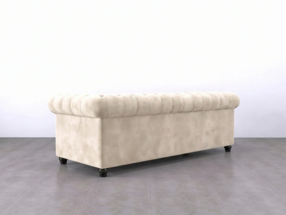Cream plush velvet fabric 3-seater Chesterfield sofa set by Gamzo Outlet, featuring tufted back and rolled arms.