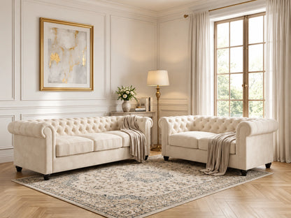 Cream plush velvet fabric sofa set by Gamzo Outlet, 3-seater Chesterfield style with tufted back and rolled arms.
