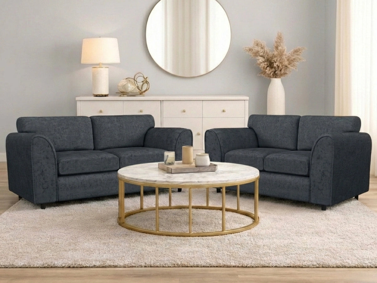 Dark grey Gamzo Outlet Alaska fabric 3-seater sofa set with full back design, showcasing plush cushions and modern style.
