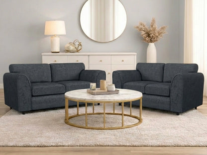 Dark grey Gamzo Outlet Alaska fabric 3-seater sofa set with full back design, showcasing plush cushions and modern style.
