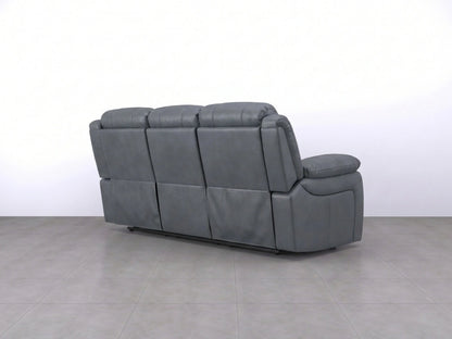 Gamzo Outlet Model R recliner sofa, 3-seater grey fabric with plush cushions and wide armrests, ideal for cozy living rooms.