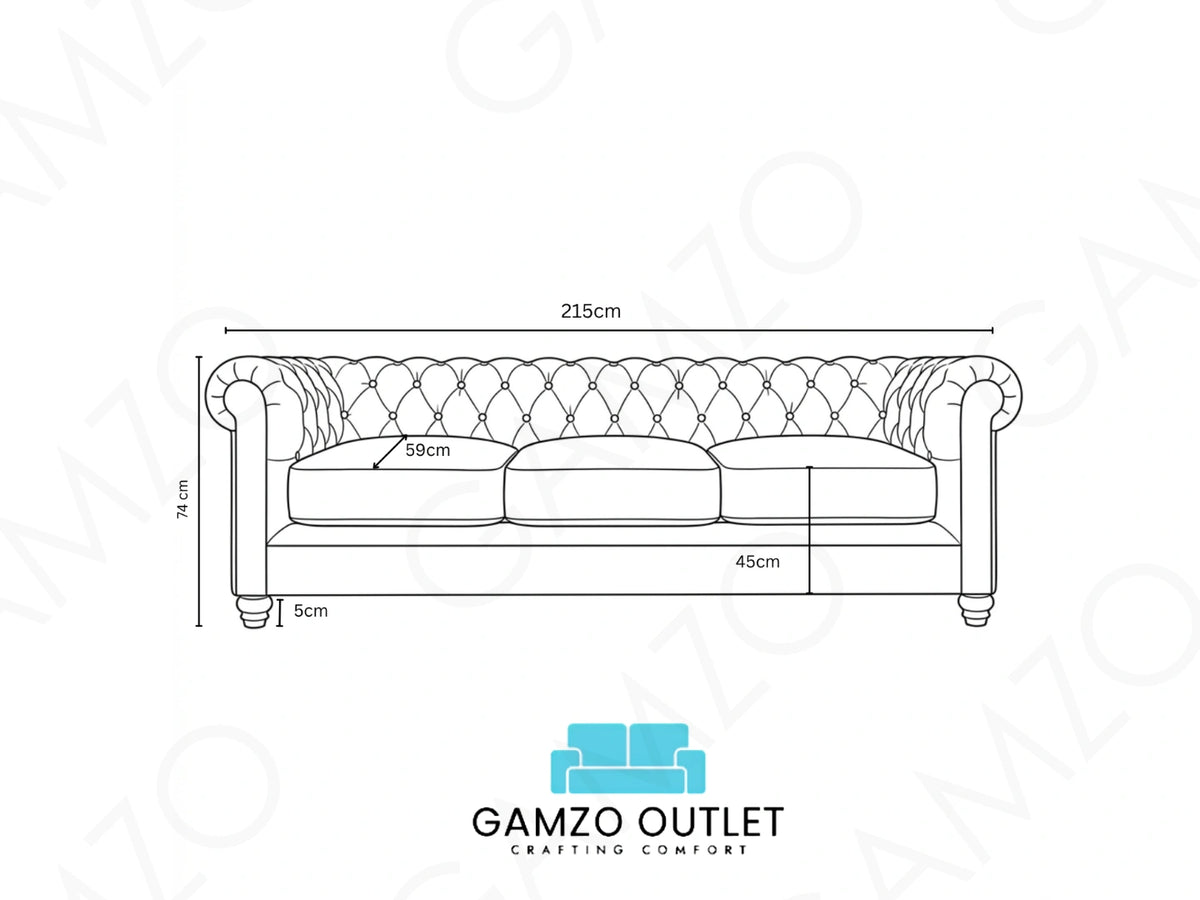 Gamzo Outlet plush velvet Chesterfield sofa set in midnight blue, showing a 3-seater with button-tufted back and rolled arms.
