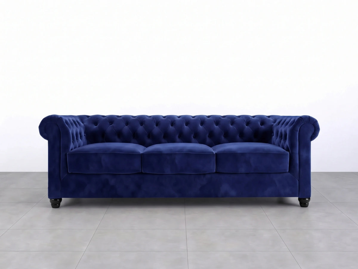 Midnight blue Chesterfield plush velvet fabric 3-seater sofa set by Gamzo Outlet, featuring tufted back and rolled arms.
