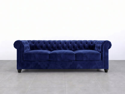 Midnight blue Chesterfield plush velvet fabric 3-seater sofa set by Gamzo Outlet, featuring tufted back and rolled arms.