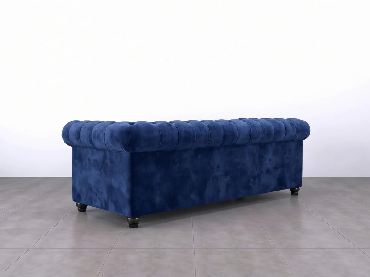 Midnight blue Chesterfield plush velvet fabric 3-seater sofa set by Gamzo Outlet, featuring tufted back and rolled arms.