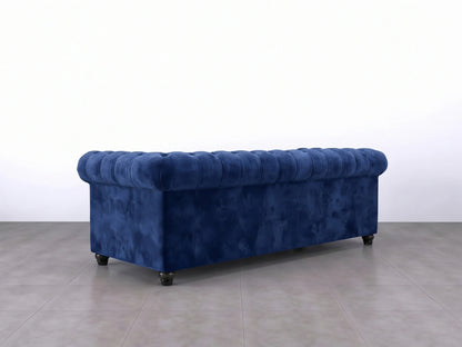 Midnight blue Chesterfield plush velvet fabric 3-seater sofa set by Gamzo Outlet, featuring tufted back and rolled arms.