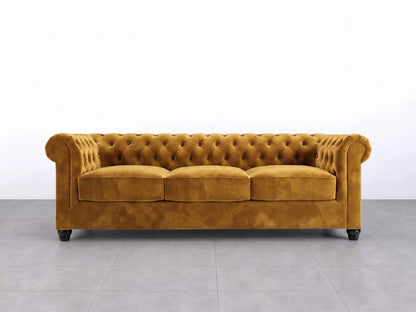 Gamzo Outlet Chesterfield plush velvet fabric 3-seater sofa in mustard color with rolled arms and tufted design.