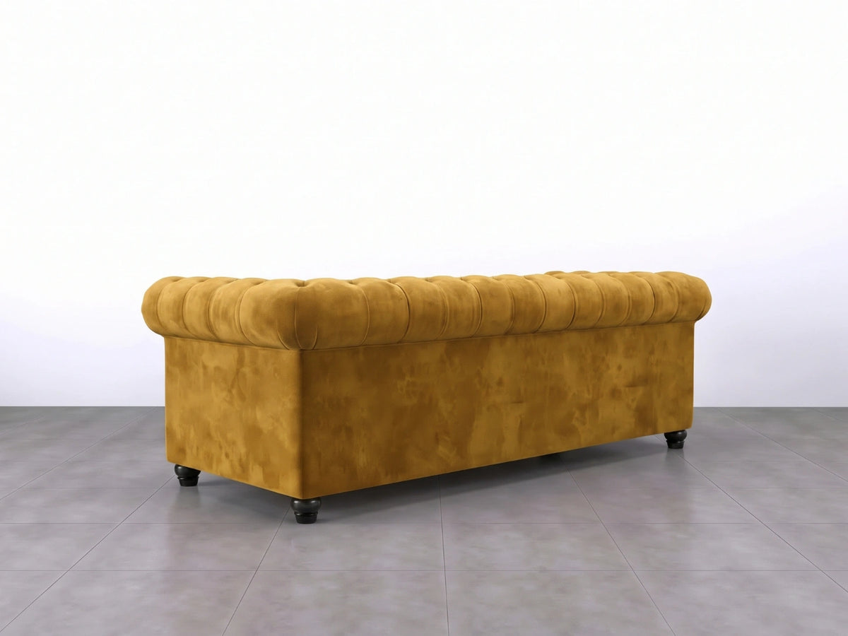 Gamzo Outlet Chesterfield plush velvet sofa set in mustard, 3-seater with tufted back and rolled arms, luxurious fabric and elegant design.