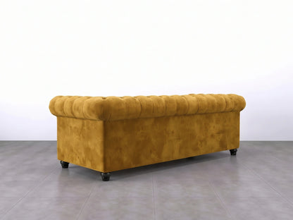 Gamzo Outlet Chesterfield plush velvet sofa set in mustard, 3-seater with tufted back and rolled arms, luxurious fabric and elegant design.