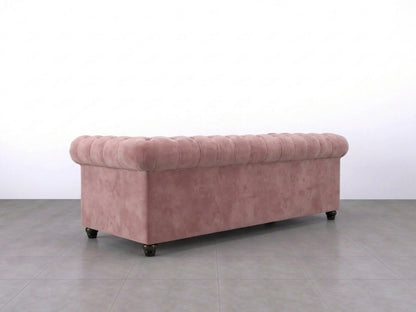 Pink plush velvet fabric sofa set, 3-seater Chesterfield style by Gamzo Outlet with tufted back and rolled arms.