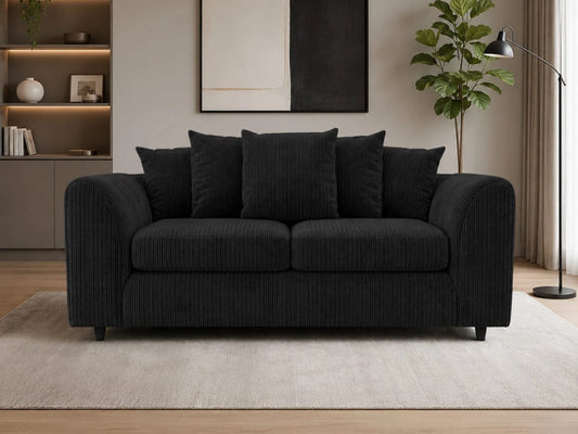 Black Jumbo Cord fabric 3-seater sofa from Gamzo Outlet with scatter back cushions, modern design, and plush seating.